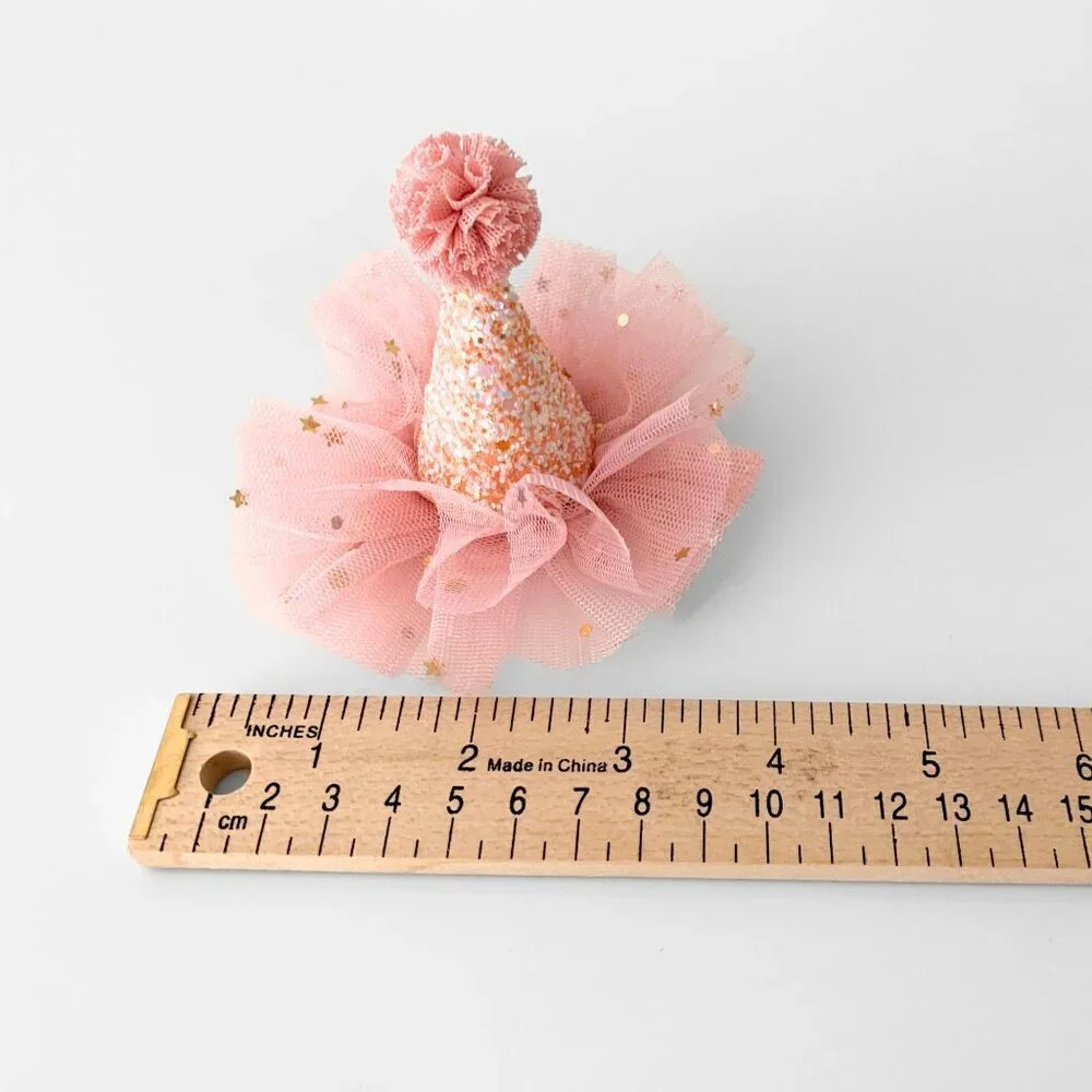 NWT Cute Princess Happy Birthday Hat Girls Hair Clip Pink & Gold Glitter Tulle